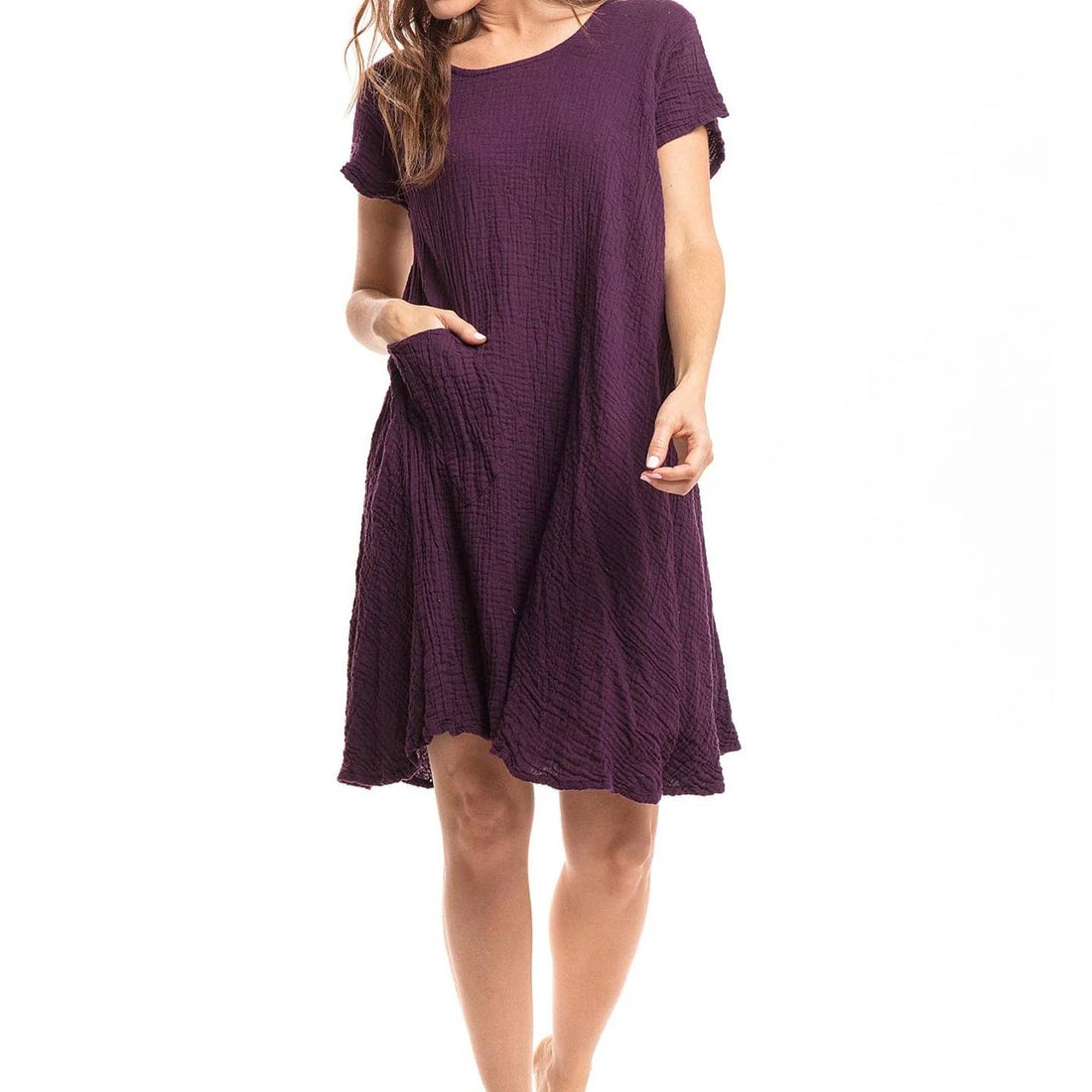 Bubble Cotton Lightweight Short Sleeve Tunic Dress w/ Pocket