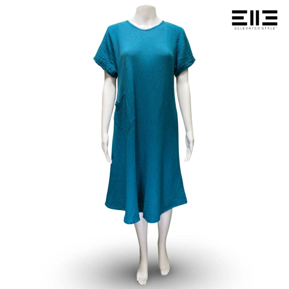 Bubble Cotton Lightweight Short Sleeve Tunic Dress w/ Pocket