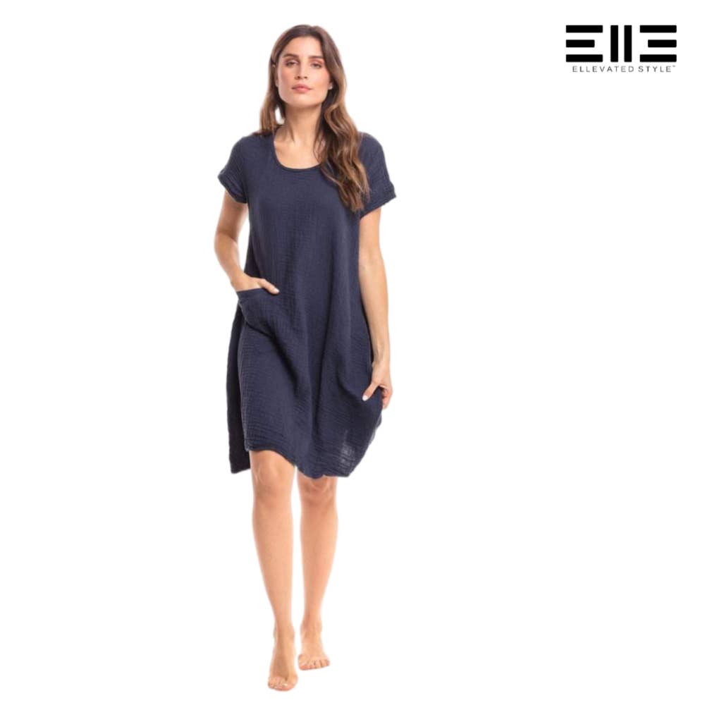 cotton tunic dress with pockets Women's Cotton Linen Dress Button Down Round Neck Dark Blue