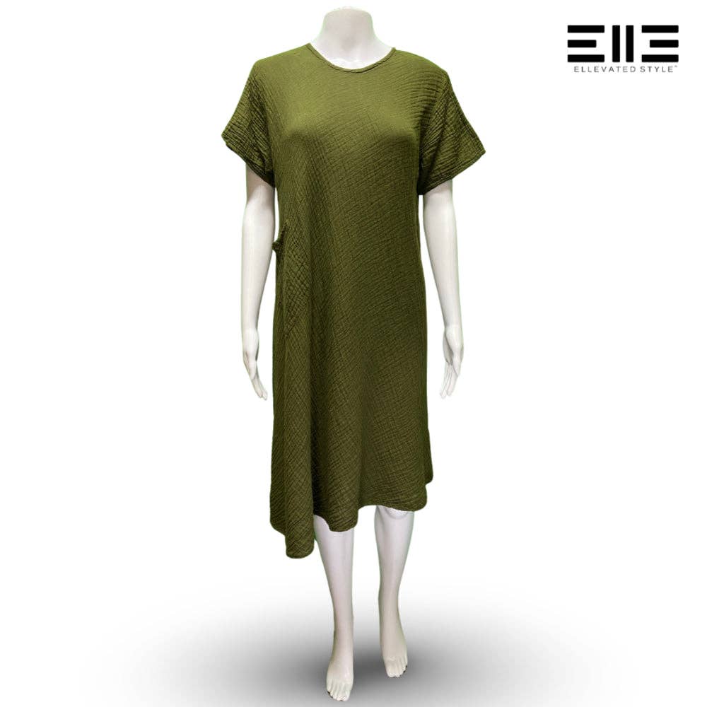 Bubble Cotton Lightweight Short Sleeve Tunic Dress w/ Pocket