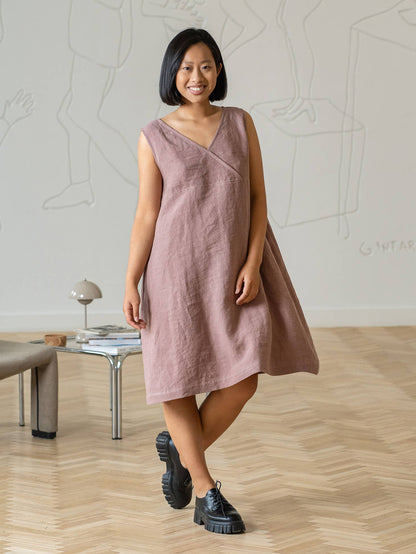 Linen V Back Dress with Belt