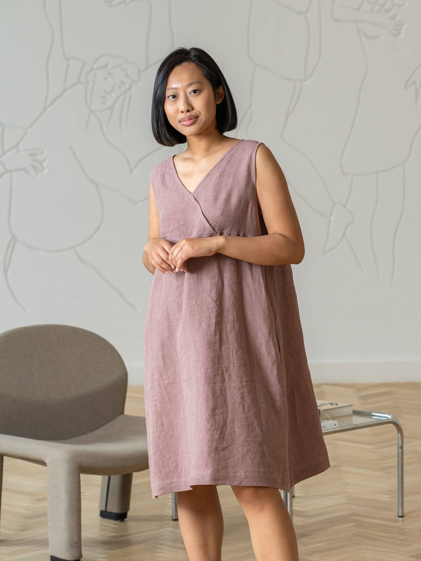 Linen V Back Dress with Belt